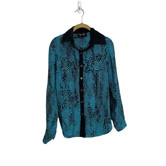Yumi Kim Blue Animal Print Button Down Silk Blouse Small - Picture 1 of 6